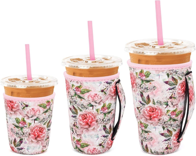 Snowso 3 Pack Iced Coffee sleeve Insulated Neoprene Cup Sleeves with handle For Cold Drinks Beverages, Reusable Cup Holder for 16oz-32oz Coffee Cups (Blooming Bright) - Image 1